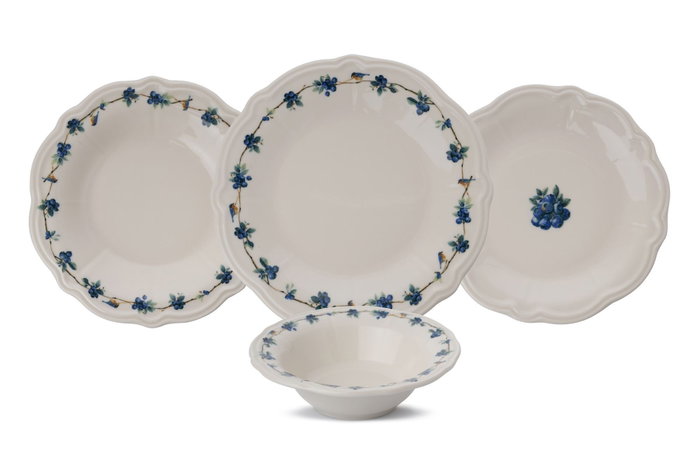 Hermia Blueberry Juego de Cena de Porcelana de 24 Piezas en Blanco, Azul y Verde Hermia Blueberry Juego de Cena de Porcelana de 24 Piezas en Blanco, Azul y Verde